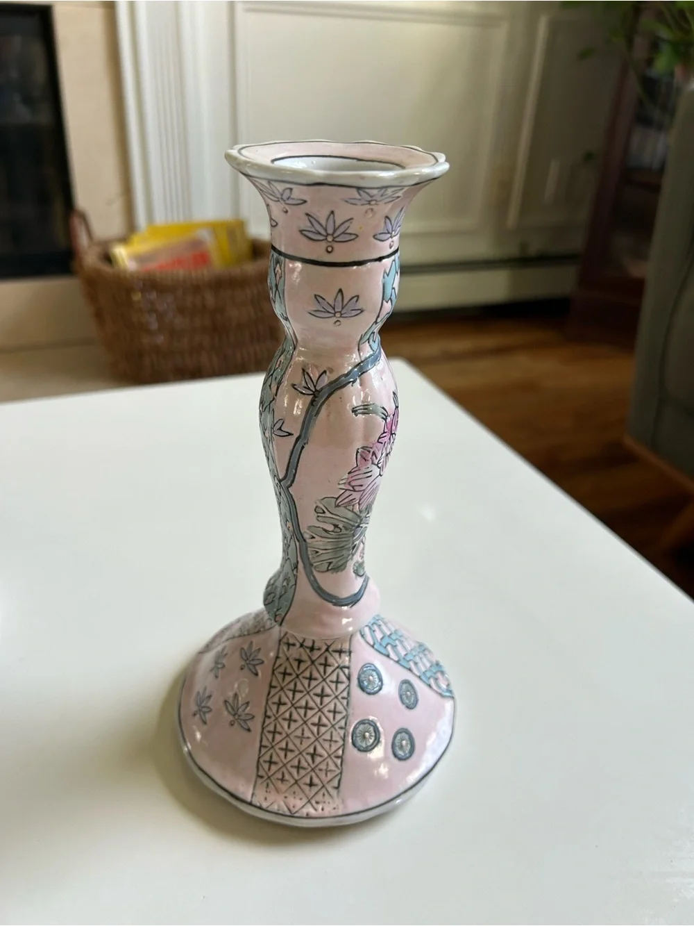 Tojo Bainbridge Hand-Painted Pink Floral Ceramic Candlestick Pair
